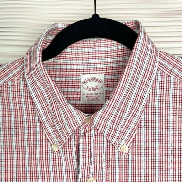 Brooks Brothers Structured Cotton Shirt Button Up White Red Plaid Short Sleeve L - Picture 3 of 10